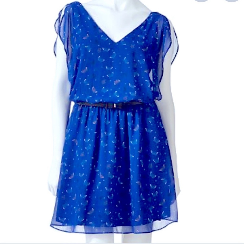 🌸3/$25 🆕 Candies Blue Butterfly Print Chiffon Mini Dress Flutter Sleeve, Size M
